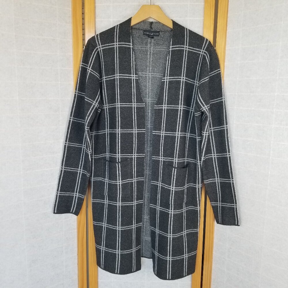 Sears Cardigan Sweater Blazer Knit Gray Windowpane Collarless
